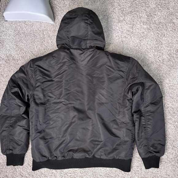 Y2K Spire Satin Flight Bomber Jacket Men XL Black Fur Hood Gorpcore Streetwear - Picture 5 of 13